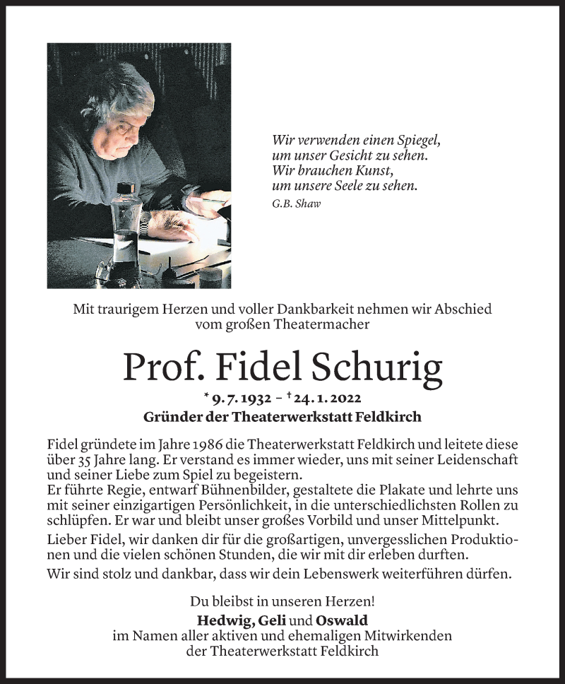  Todesanzeige für Fidel Schurig vom 29.01.2022 aus Vorarlberger Nachrichten