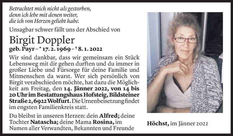  Todesanzeige für Birgit Doppler vom 12.01.2022 aus Vorarlberger Nachrichten