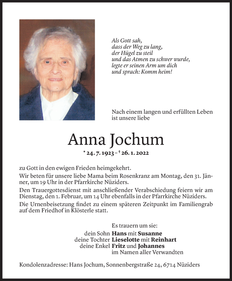  Todesanzeige für Anna Jochum vom 29.01.2022 aus Vorarlberger Nachrichten