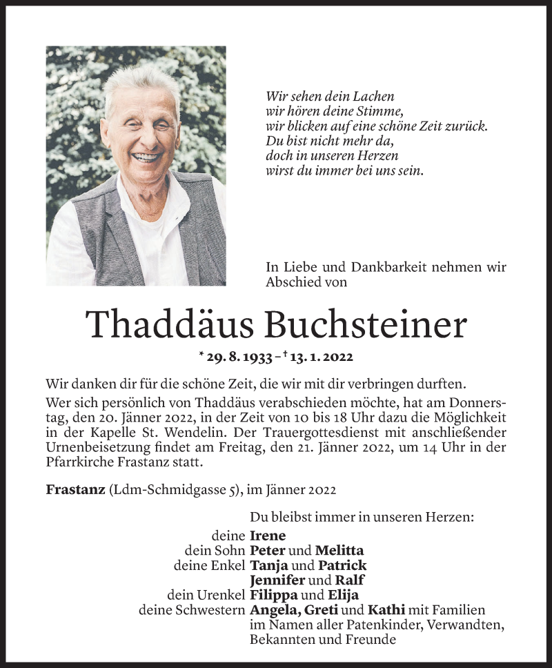  Todesanzeige für Thaddäus Buchsteiner vom 17.01.2022 aus Vorarlberger Nachrichten