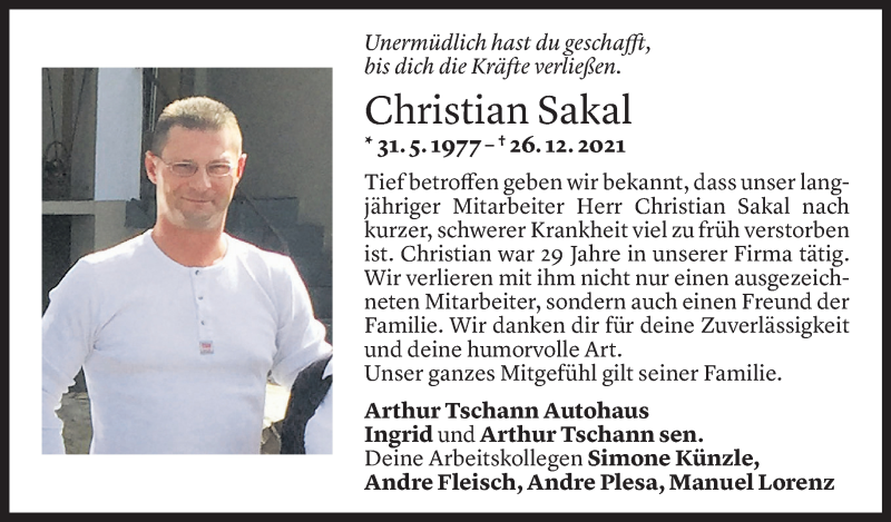  Todesanzeige für Christian Sakal vom 03.01.2022 aus Vorarlberger Nachrichten