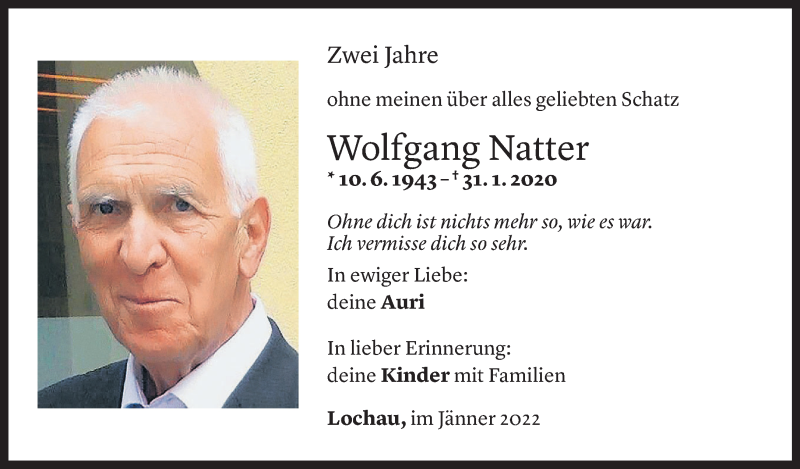  Todesanzeige für Wolfgang Natter vom 31.01.2022 aus Vorarlberger Nachrichten