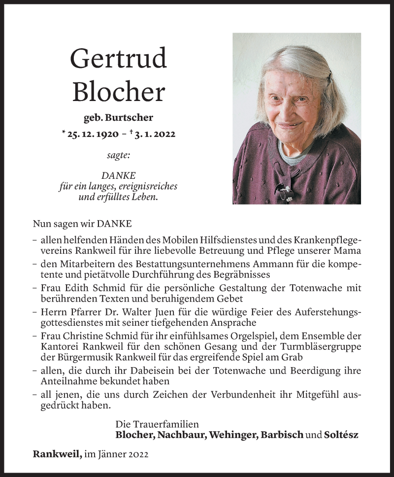  Todesanzeige für Gertrud Blocher vom 28.01.2022 aus Vorarlberger Nachrichten