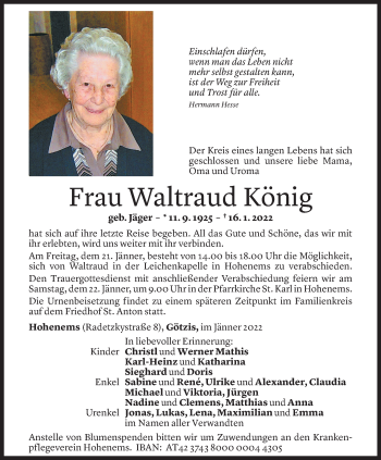 Todesanzeige von Waltraud König von Vorarlberger Nachrichten
