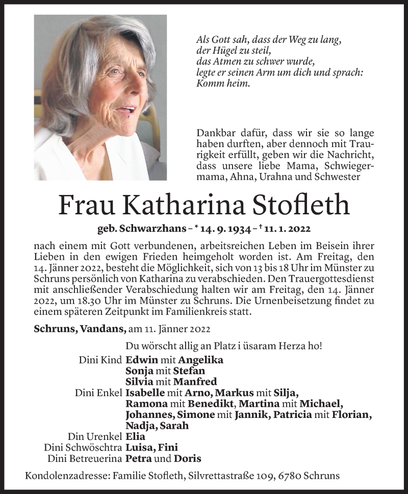  Todesanzeige für Katharina Stofleth vom 12.01.2022 aus Vorarlberger Nachrichten