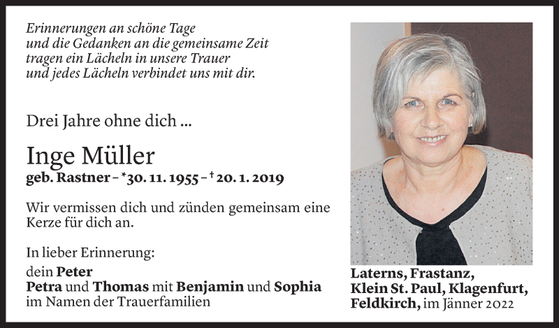  Todesanzeige für Inge Müller vom 19.01.2022 aus Vorarlberger Nachrichten