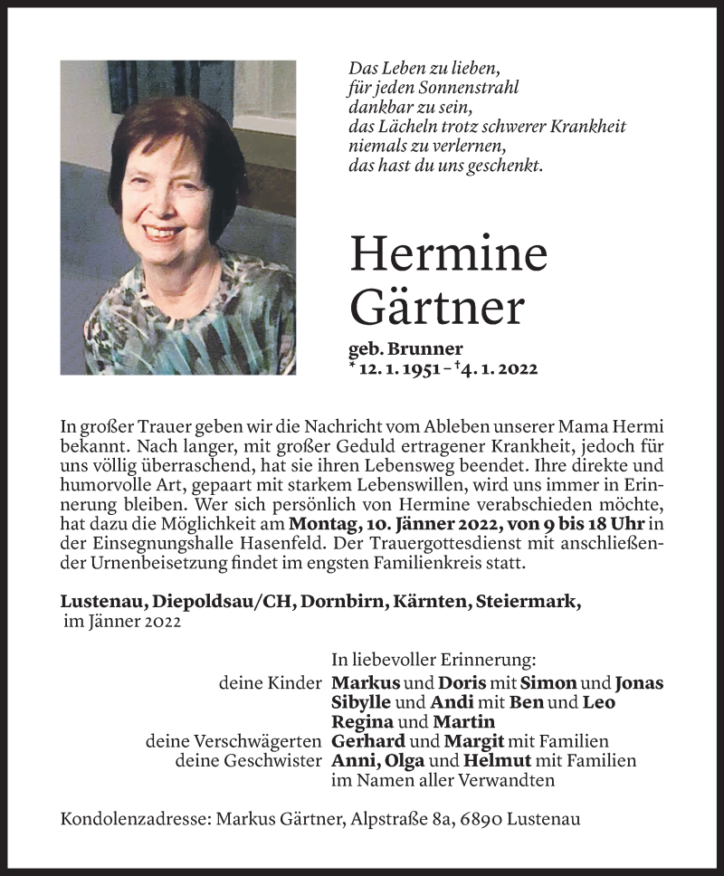  Todesanzeige für Hermine Gärtner vom 07.01.2022 aus Vorarlberger Nachrichten