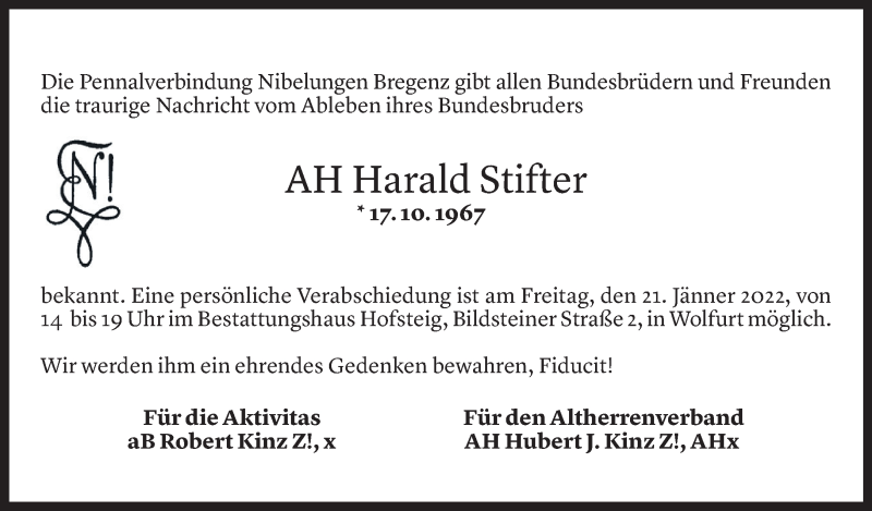  Todesanzeige für Harald Stifter vom 20.01.2022 aus Vorarlberger Nachrichten