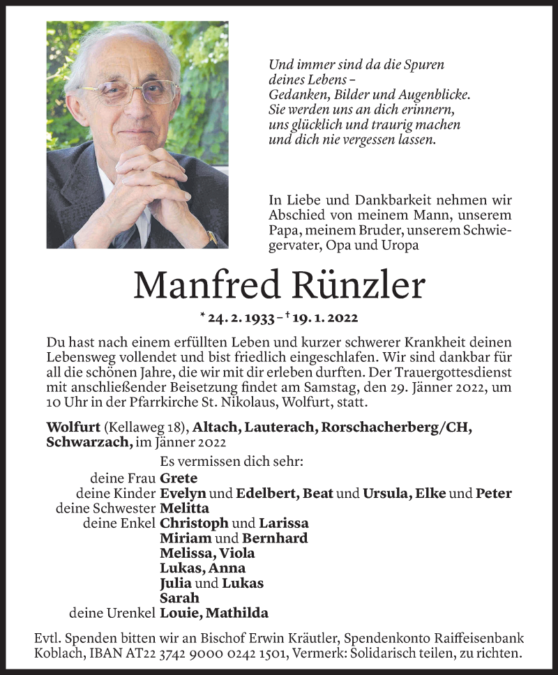  Todesanzeige für Manfred Rünzler vom 25.01.2022 aus Vorarlberger Nachrichten