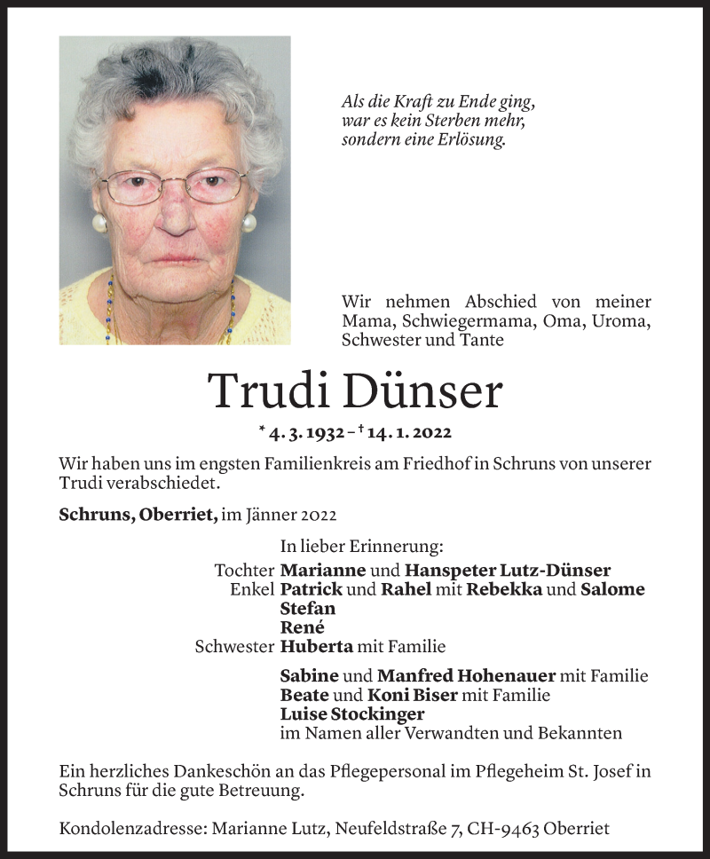  Todesanzeige für Trudi Dünser vom 22.01.2022 aus Vorarlberger Nachrichten