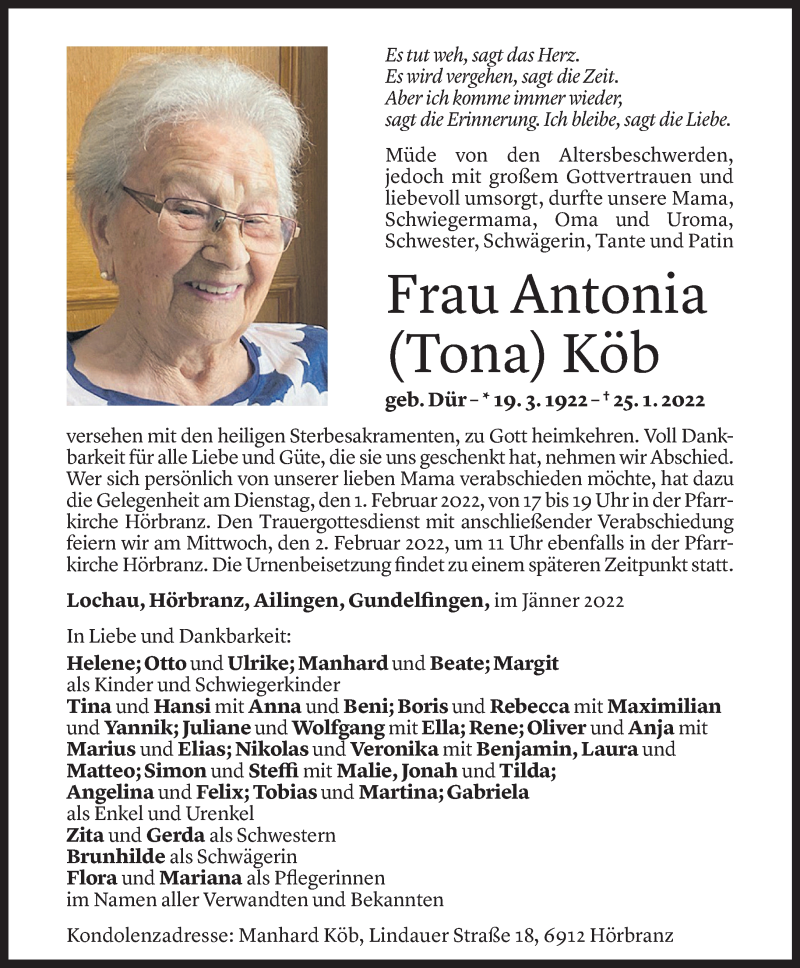  Todesanzeige für Antonia Köb vom 28.01.2022 aus Vorarlberger Nachrichten