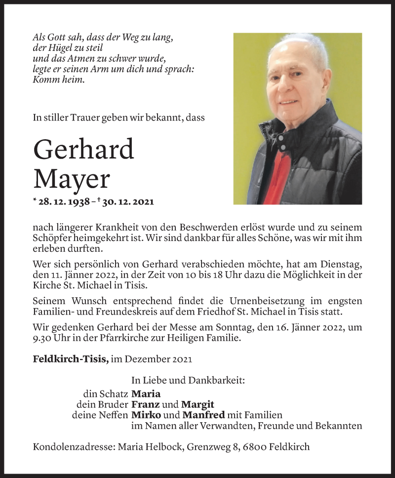  Todesanzeige für Gerhard Mayer vom 07.01.2022 aus Vorarlberger Nachrichten