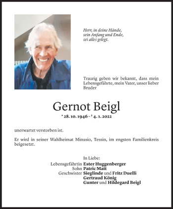 Todesanzeige von Gernot Beigl von Vorarlberger Nachrichten