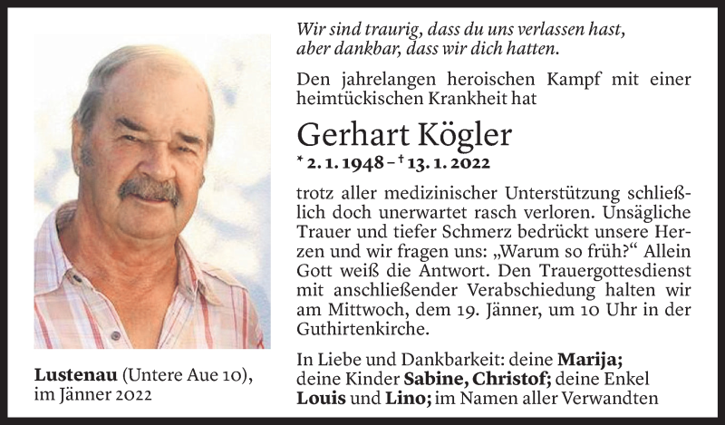  Todesanzeige für Gerhart Kögler vom 16.01.2022 aus Vorarlberger Nachrichten