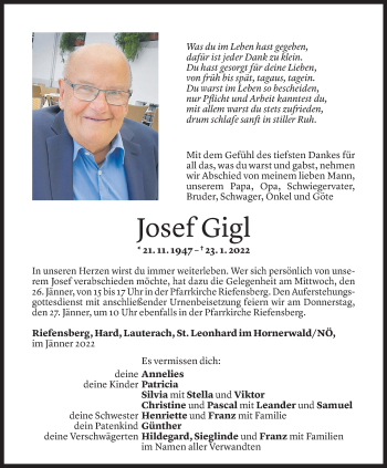 Todesanzeige von Josef Gigl von Vorarlberger Nachrichten