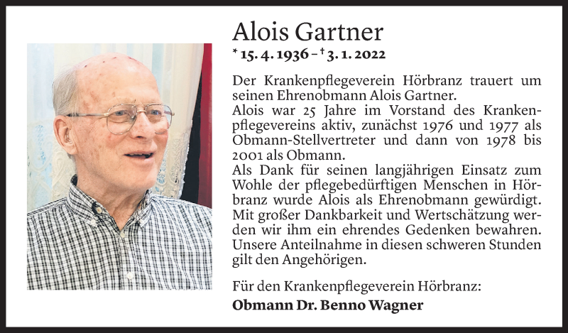  Todesanzeige für Alois Gartner vom 05.01.2022 aus Vorarlberger Nachrichten