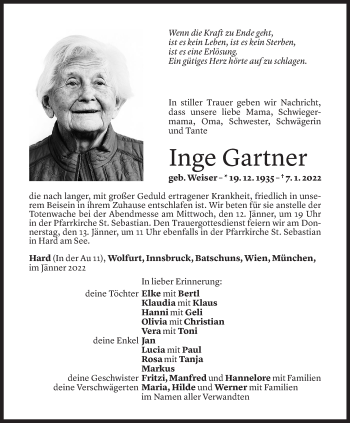 Todesanzeige von Ingrid Gartner von Vorarlberger Nachrichten