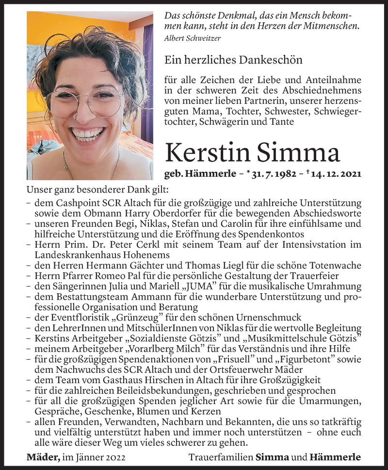  Todesanzeige für Kerstin Simma vom 21.01.2022 aus Vorarlberger Nachrichten
