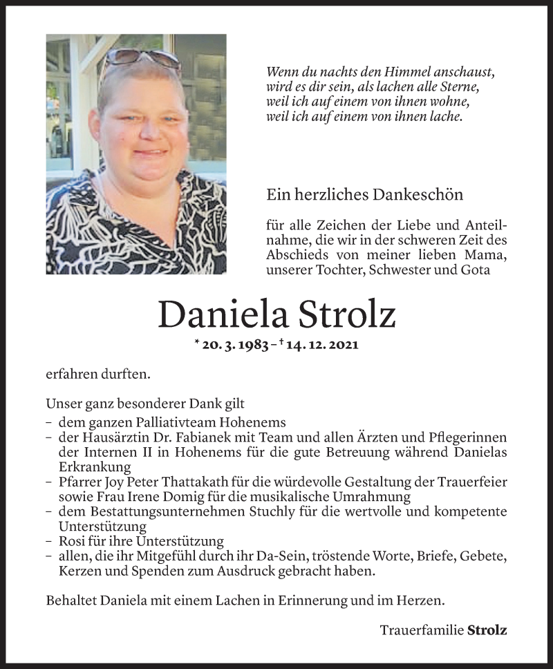  Todesanzeige für Daniela Strolz vom 05.01.2022 aus Vorarlberger Nachrichten