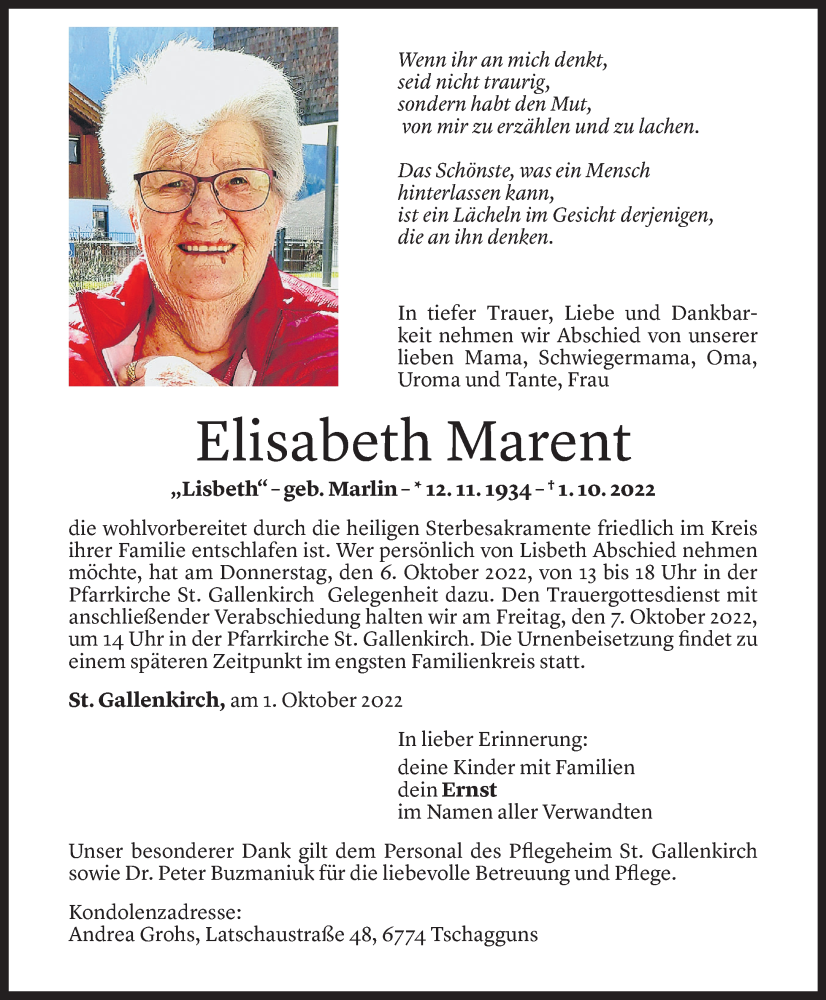  Todesanzeige für Elisabeth Marent vom 04.10.2022 aus Vorarlberger Nachrichten