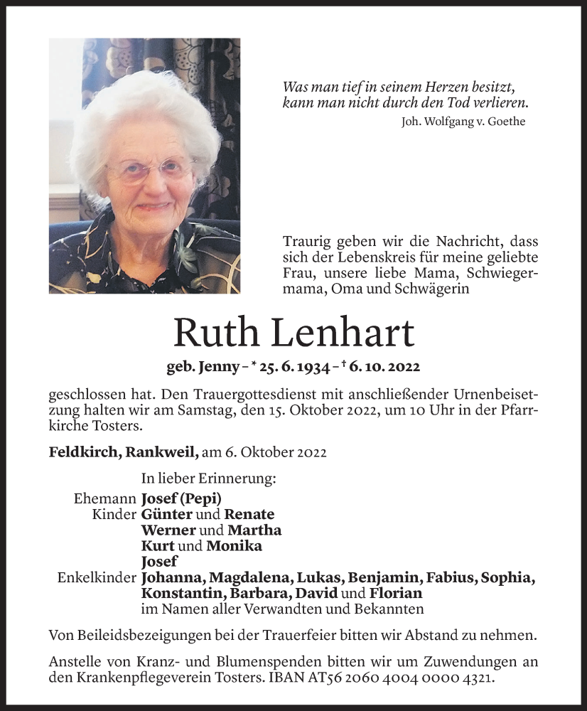  Todesanzeige für Ruth Lenhart vom 13.10.2022 aus Vorarlberger Nachrichten