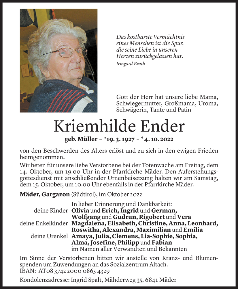  Todesanzeige für Kriemhilde Ender vom 12.10.2022 aus Vorarlberger Nachrichten