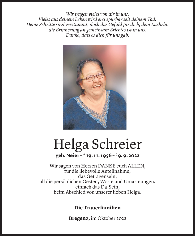  Todesanzeige für Helga Schreier vom 14.10.2022 aus Vorarlberger Nachrichten