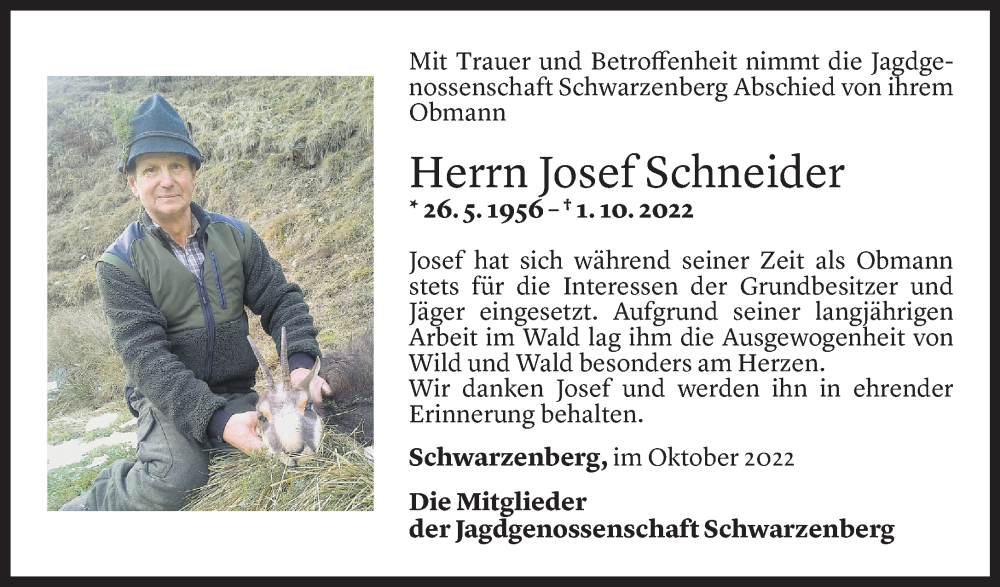  Todesanzeige für Josef Schneider vom 06.10.2022 aus Vorarlberger Nachrichten