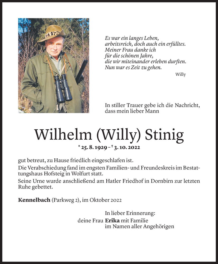  Todesanzeige für Wilhelm Stinig vom 15.10.2022 aus Vorarlberger Nachrichten