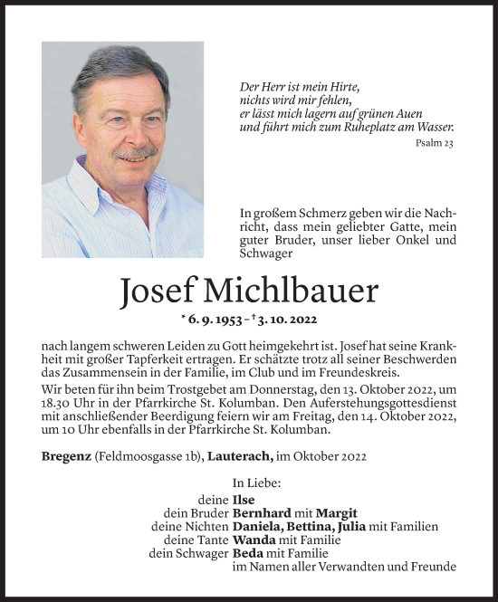 Todesanzeige von Josef Michlbauer von Vorarlberger Nachrichten