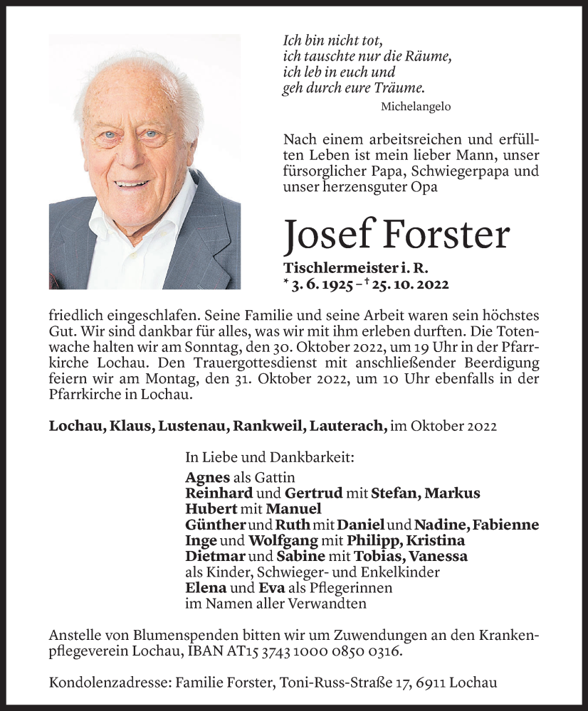  Todesanzeige für Josef Forster vom 27.10.2022 aus Vorarlberger Nachrichten