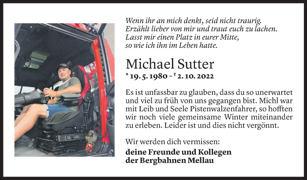  Todesanzeige für Michael Sutter vom 06.10.2022 aus Vorarlberger Nachrichten