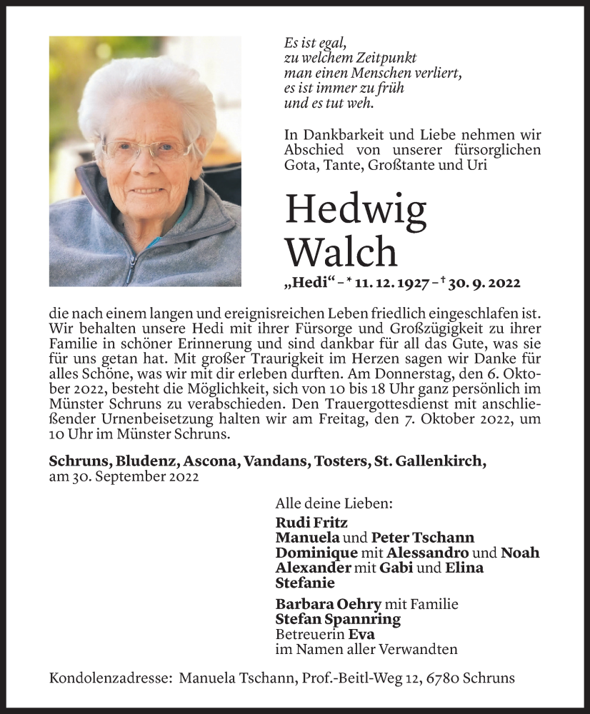  Todesanzeige für Hedwig Walch vom 04.10.2022 aus Vorarlberger Nachrichten