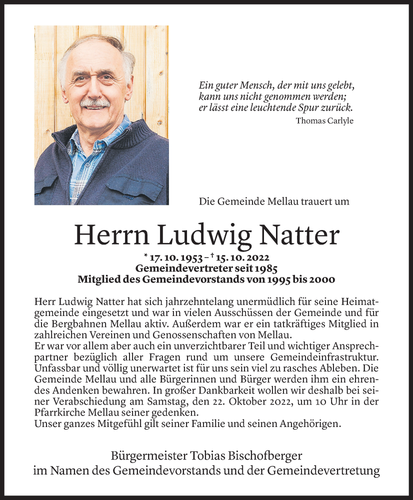  Todesanzeige für Ludwig Natter vom 20.10.2022 aus Vorarlberger Nachrichten