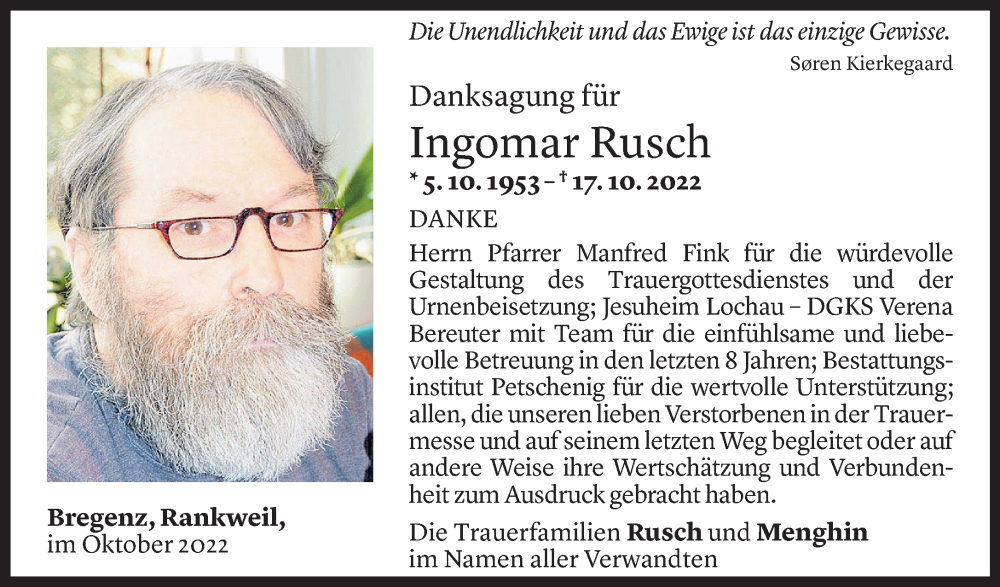  Todesanzeige für Ingomar Rusch vom 31.10.2022 aus Vorarlberger Nachrichten