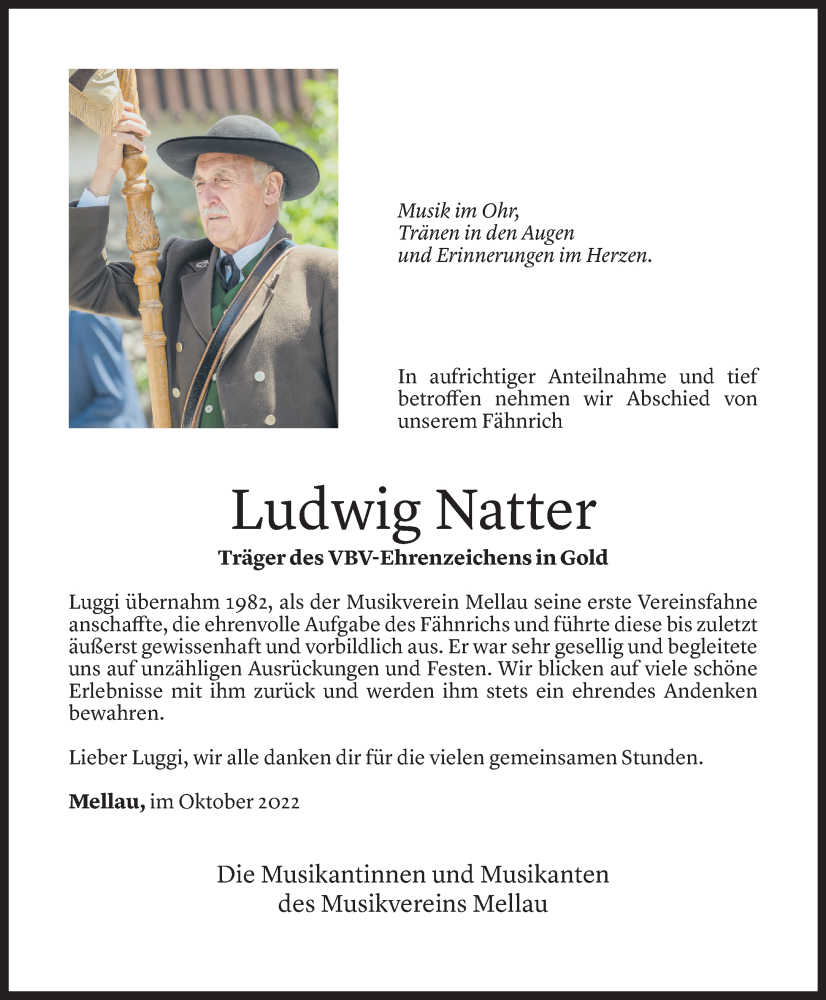  Todesanzeige für Ludwig Natter vom 20.10.2022 aus Vorarlberger Nachrichten