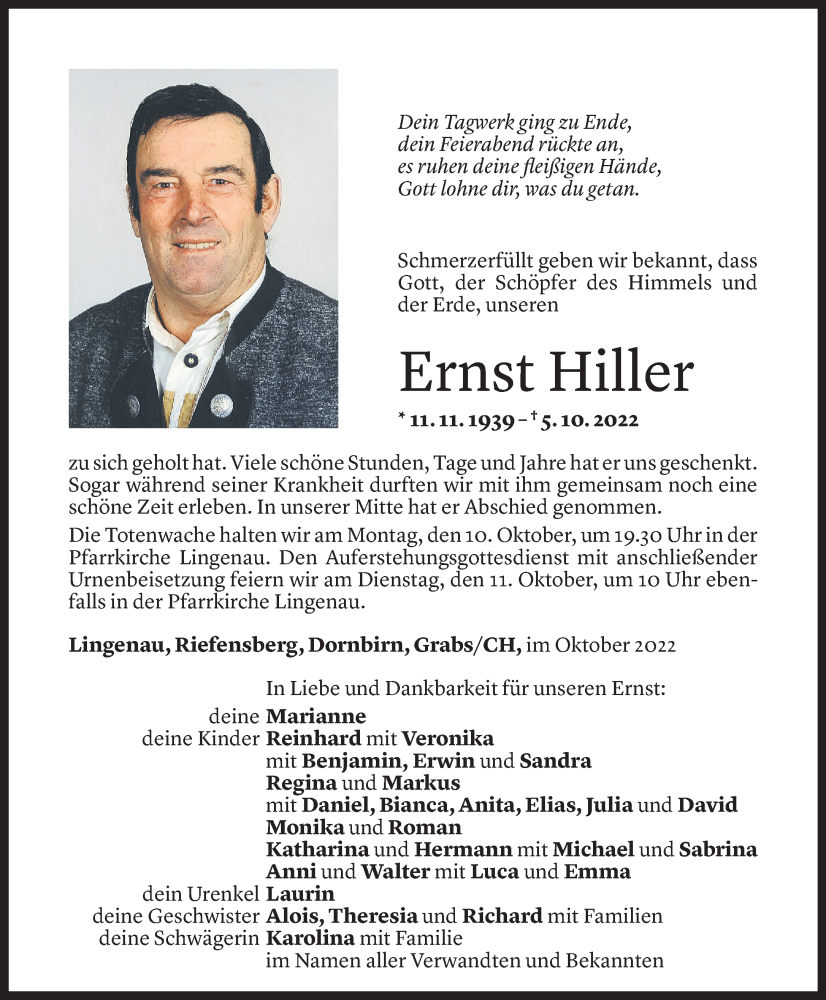  Todesanzeige für Ernst Hiller vom 07.10.2022 aus Vorarlberger Nachrichten