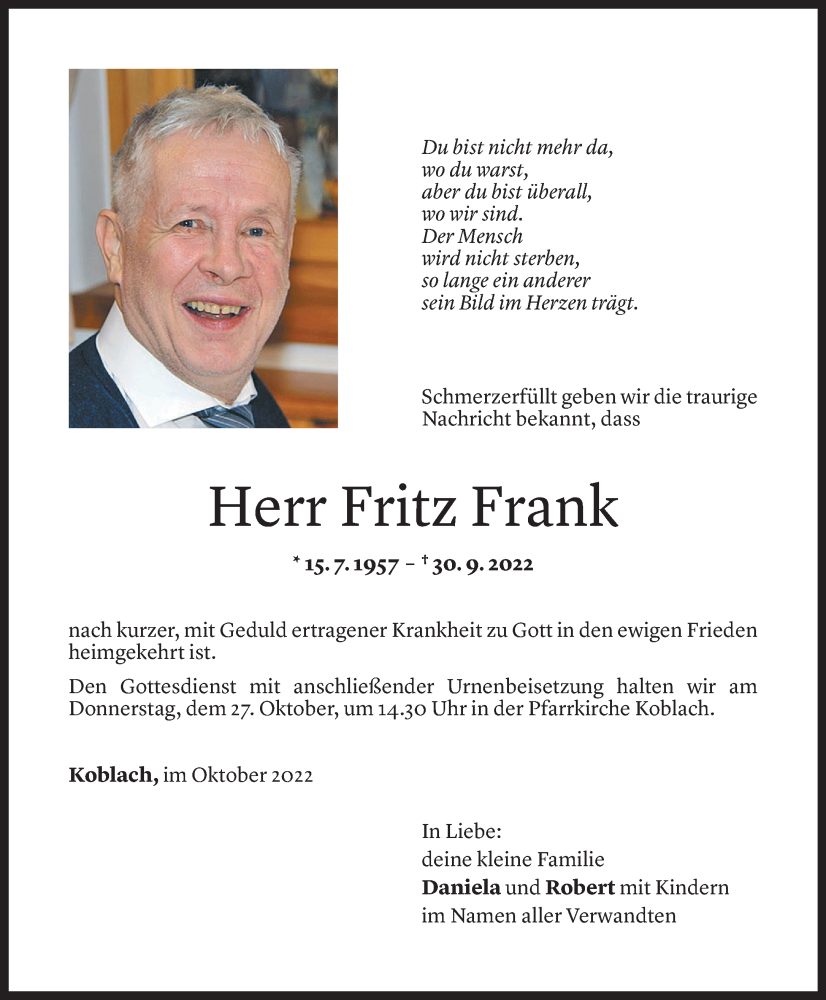  Todesanzeige für Fritz Frank vom 22.10.2022 aus Vorarlberger Nachrichten