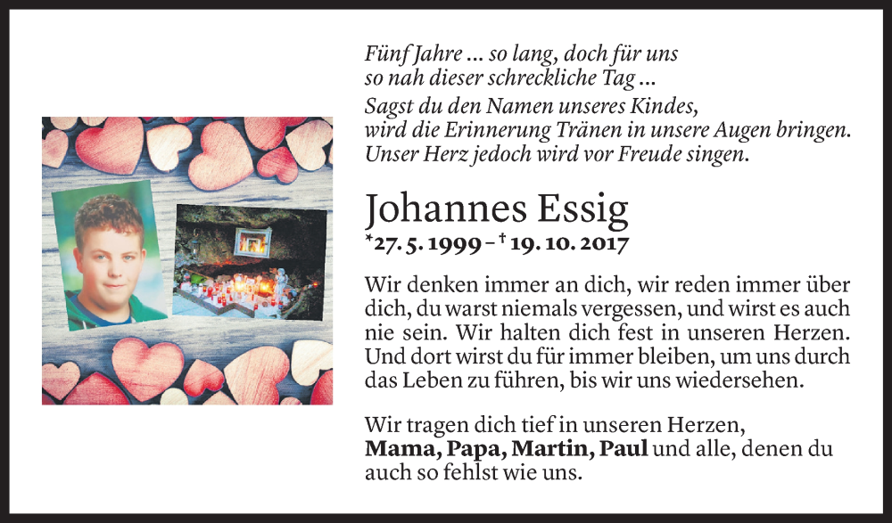  Todesanzeige für Johannes Essig vom 18.10.2022 aus Vorarlberger Nachrichten