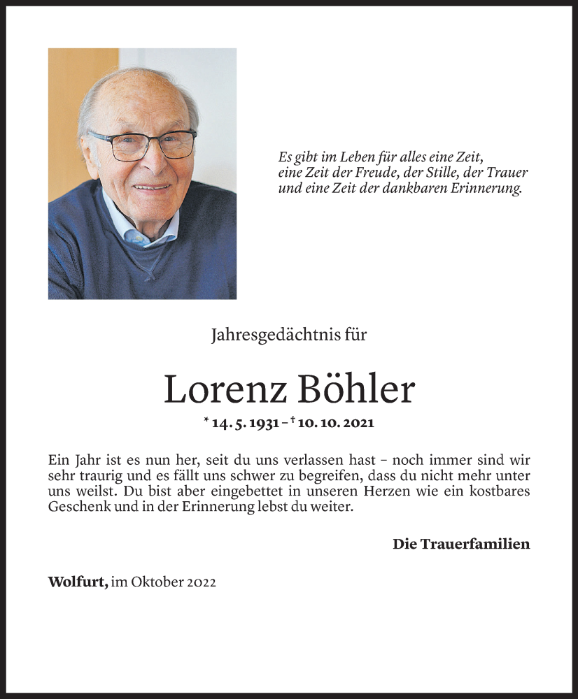  Todesanzeige für Lorenz Böhler vom 09.10.2022 aus Vorarlberger Nachrichten