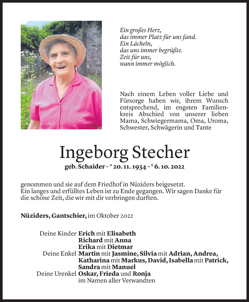  Todesanzeige für Ingeborg Stecher vom 14.10.2022 aus Vorarlberger Nachrichten