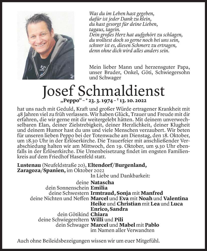 Todesanzeige für Josef Schmaldienst vom 15.10.2022 aus Vorarlberger Nachrichten