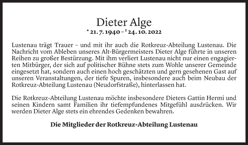  Todesanzeige für Dieter Alge vom 28.10.2022 aus Vorarlberger Nachrichten