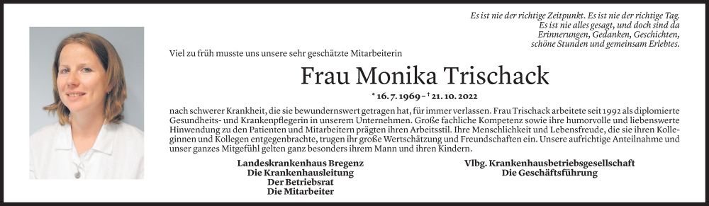  Todesanzeige für Monika Trischack vom 27.10.2022 aus Vorarlberger Nachrichten