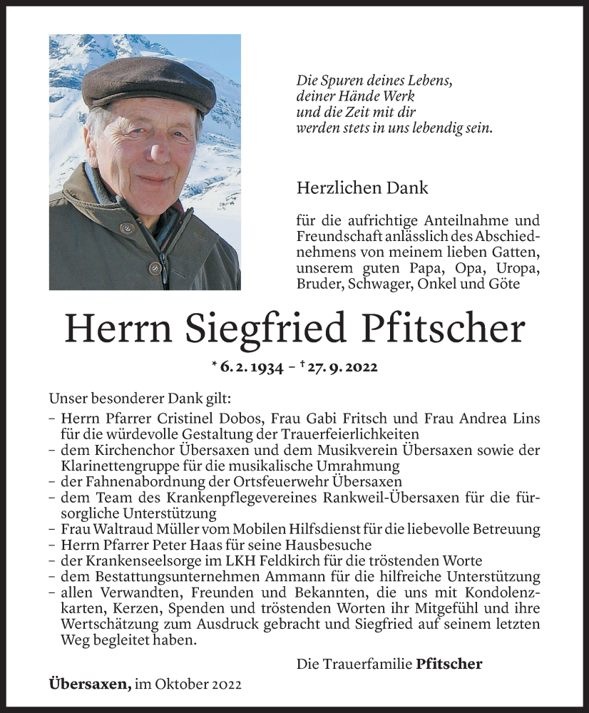  Todesanzeige für Siegfried Pfitscher vom 29.10.2022 aus Vorarlberger Nachrichten