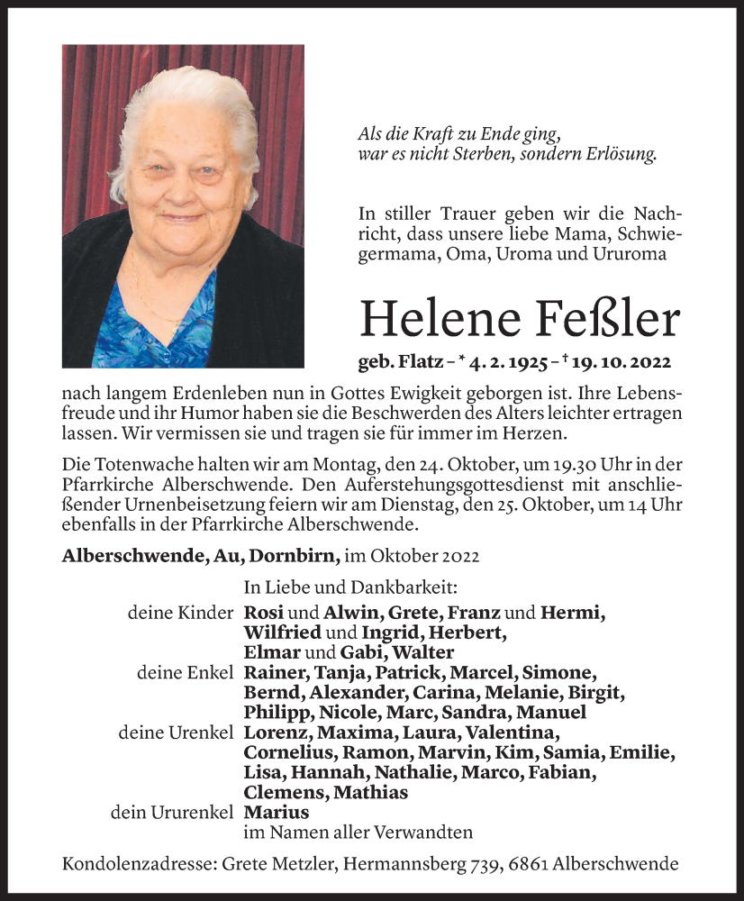  Todesanzeige für Helene Feßler vom 22.10.2022 aus Vorarlberger Nachrichten