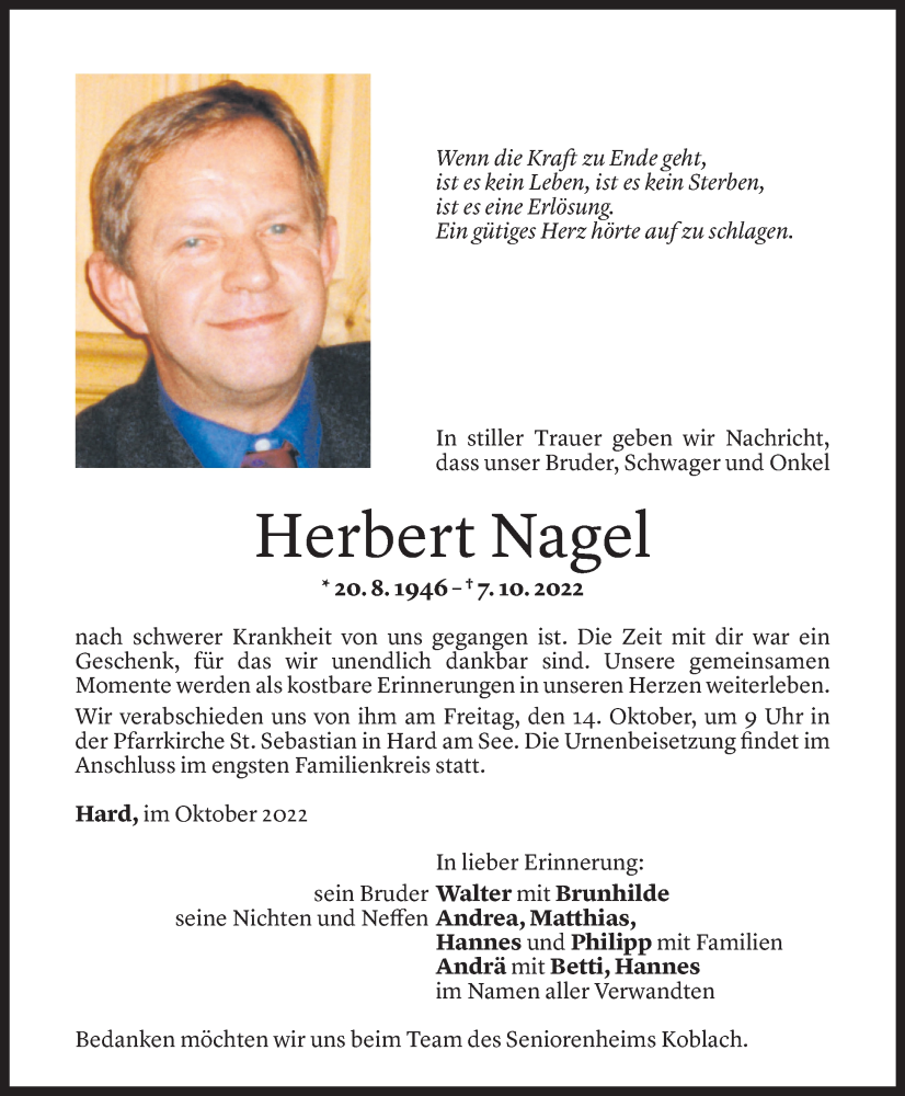  Todesanzeige für Herbert Nagel vom 12.10.2022 aus Vorarlberger Nachrichten