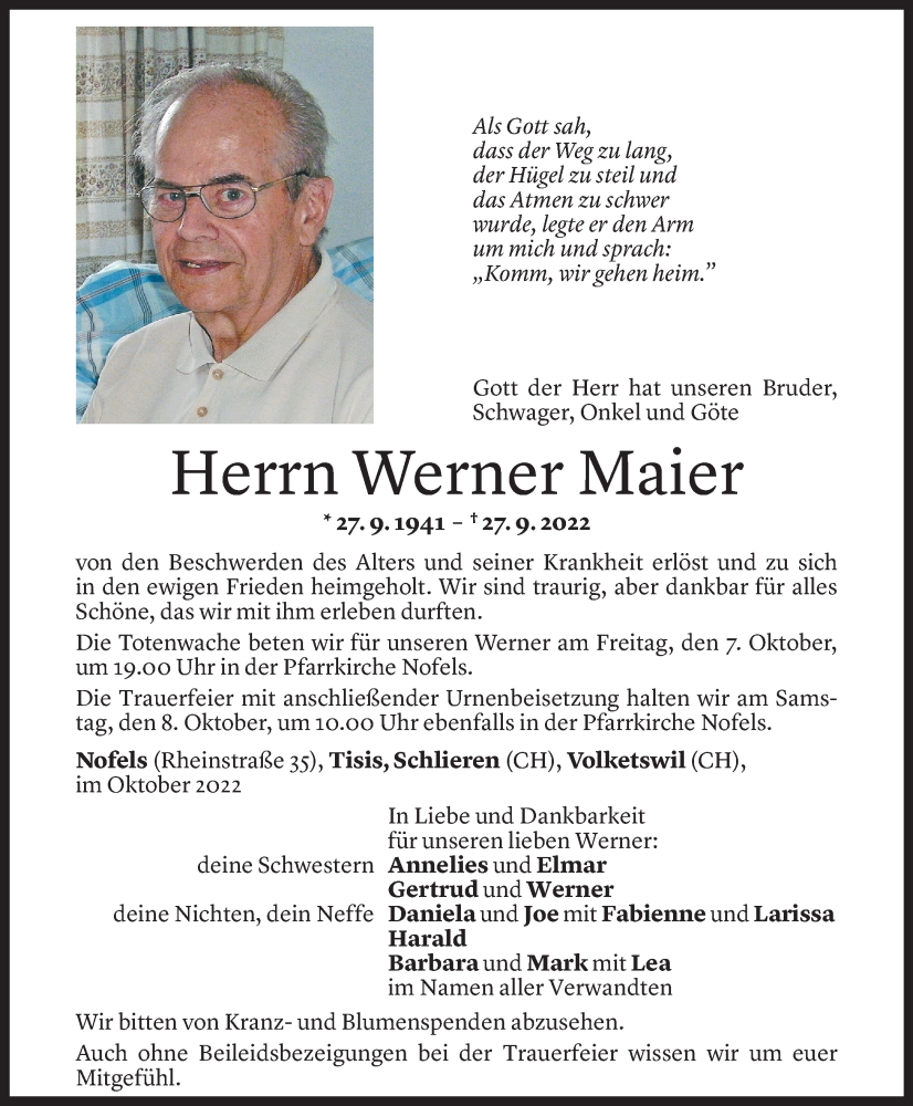  Todesanzeige für Werner Maier vom 05.10.2022 aus Vorarlberger Nachrichten