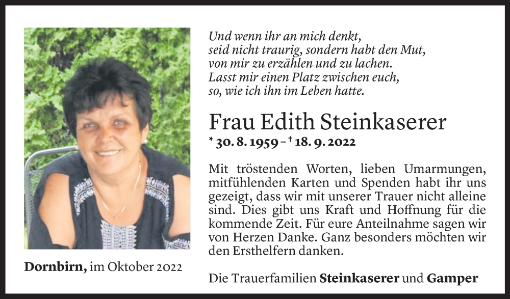  Todesanzeige für Edith Steinkaserer vom 20.10.2022 aus Vorarlberger Nachrichten