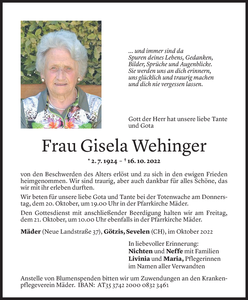  Todesanzeige für Gisela Wehinger vom 18.10.2022 aus Vorarlberger Nachrichten